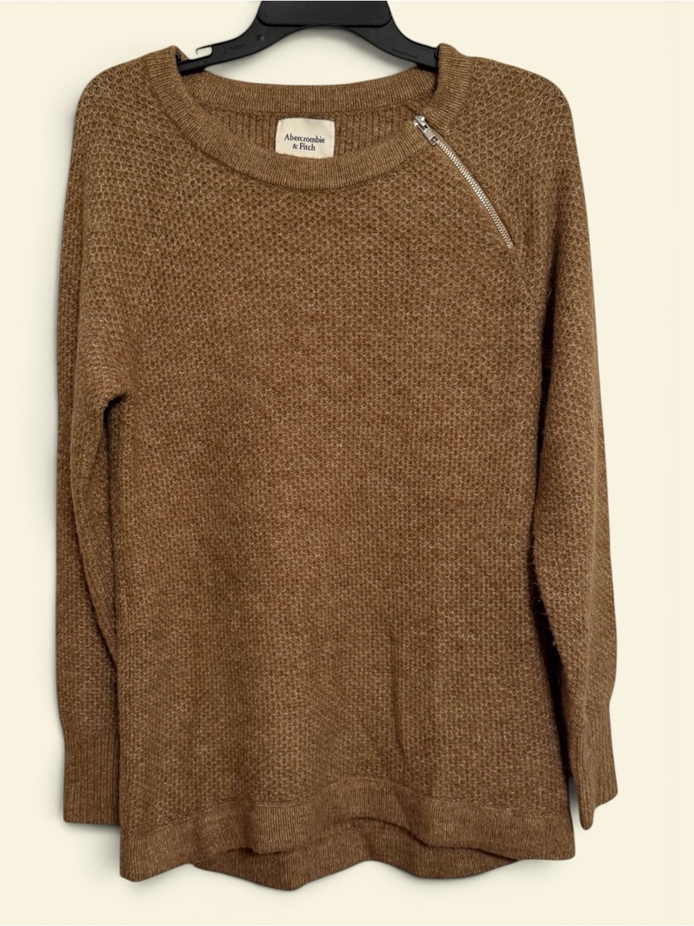 Abercrombie & Fitch Women's Caramel Brown Zip-Shoulder Crew Sweater